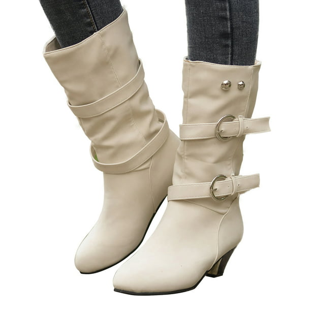 Womens faux suede winter slouch pull on casual buckles low heel Mid calf boots